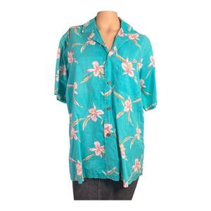 Lands' End Hawaiian Shirt – Teal with Pink Floral Print